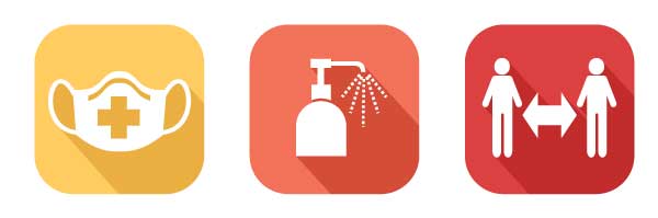 Social distancing icons including face mask and hand sanitizer